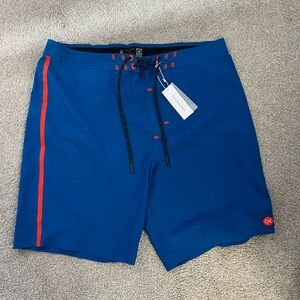 Men's Outerknown Blue Swim Shorts with Red Stripe